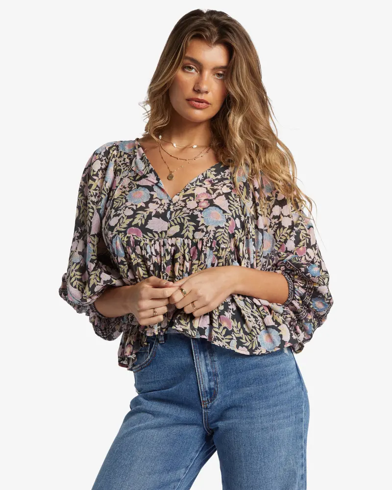 Billabong Adore You Long-Sleeve Blouse In Black Sands 1