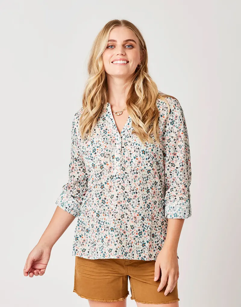 Carve Designs Dylan Guaze Long-Sleeve Shirt In Cloud Folk Floral Print 1
