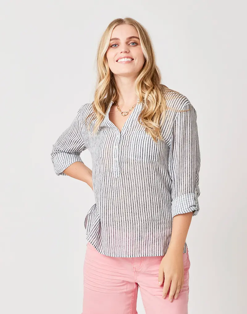 Carve Designs Dylan Guaze Long-Sleeve Shirt – Navy Milos Stripe 1