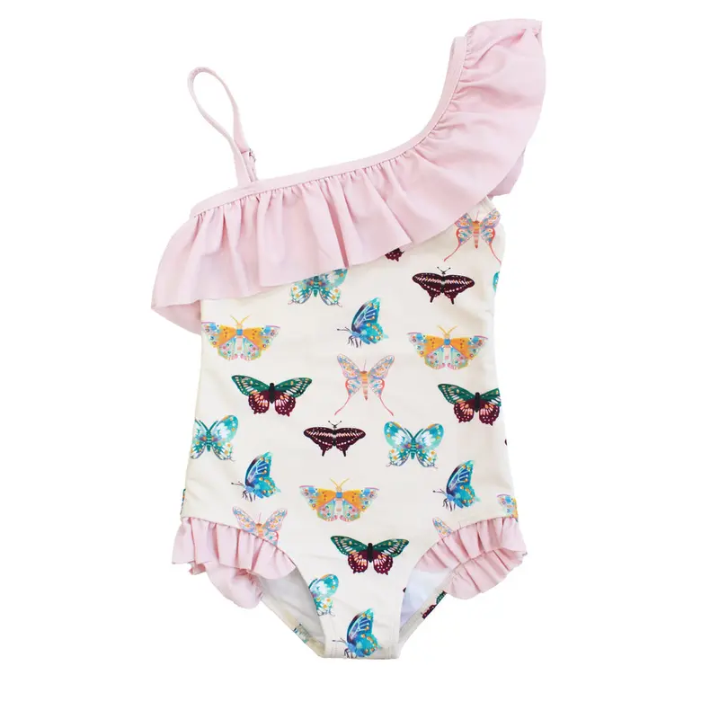 Emerson & Friends Wings Of Paradise Butterfly Ruffle-Leg One-Piece Swimsuit – Beige And Multicolor 1