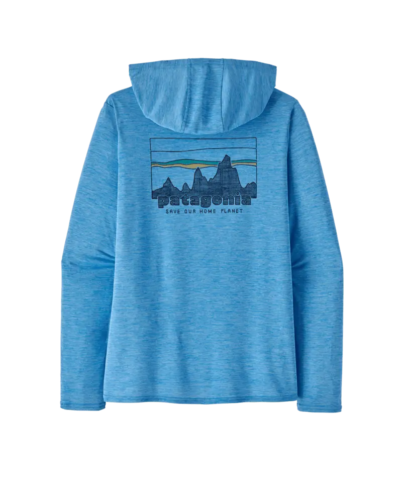 Patagonia Cap Cool Daily Graphic Hooded Long-Sleeve Shirt – Vessel Blue X-Dye With Skyline Print 1