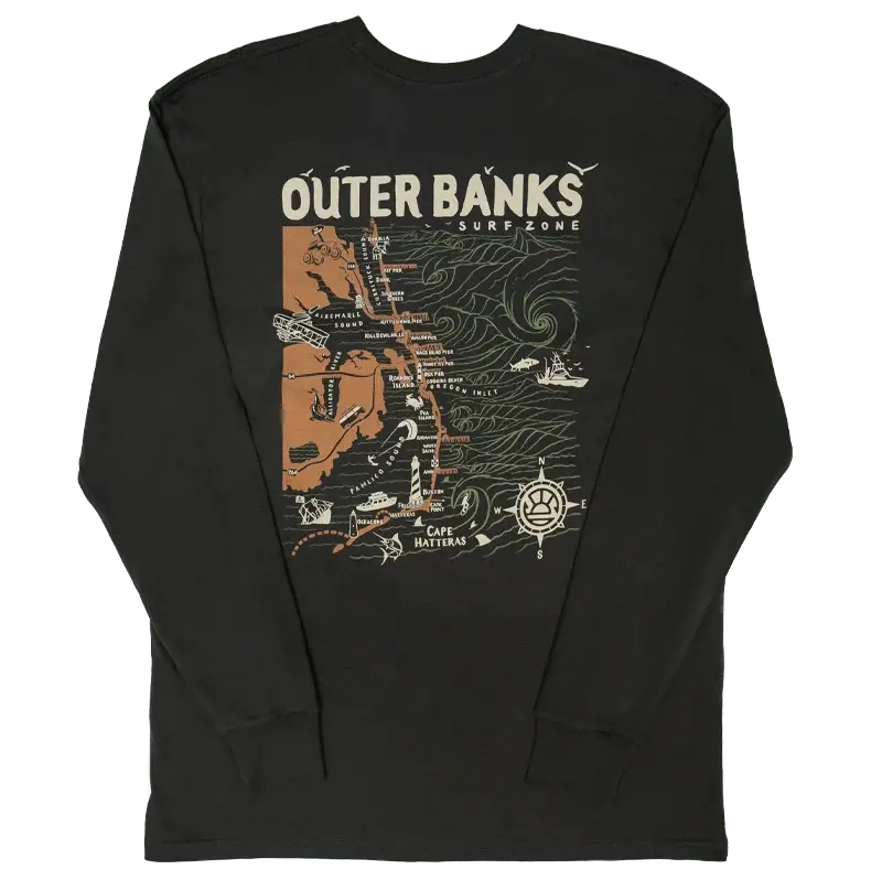 Real Outer Banks Map Long-Sleeve T-Shirt – Vintage Black 1