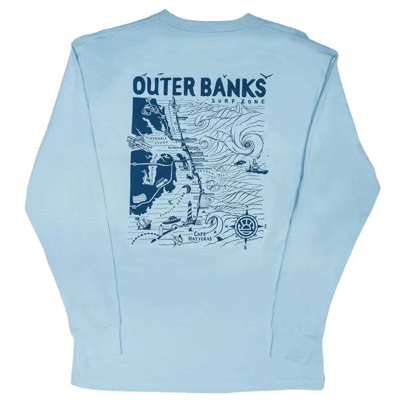 Real Outer Banks Map Long-Sleeve Tee – Light Blue Nautical Graphic Shirt 1