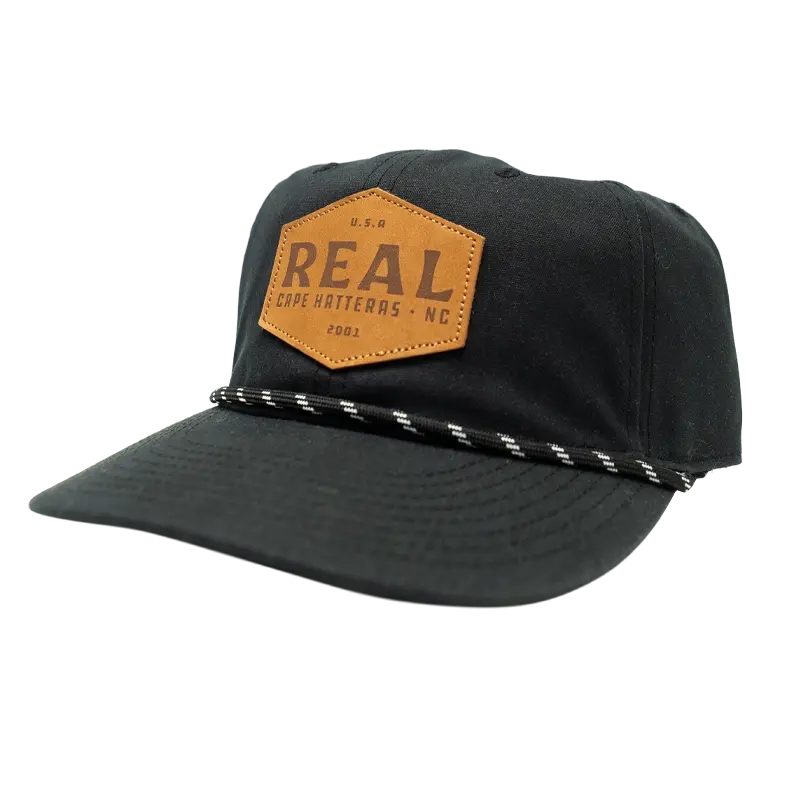 Real Work Badge Leather Patch Hat – Jet Black Waxed Canvas 1
