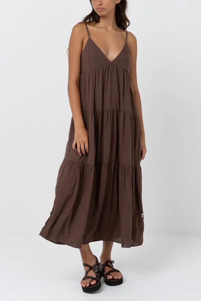 Rhythm Classic Tiered Midi Dress In Chocolate 1