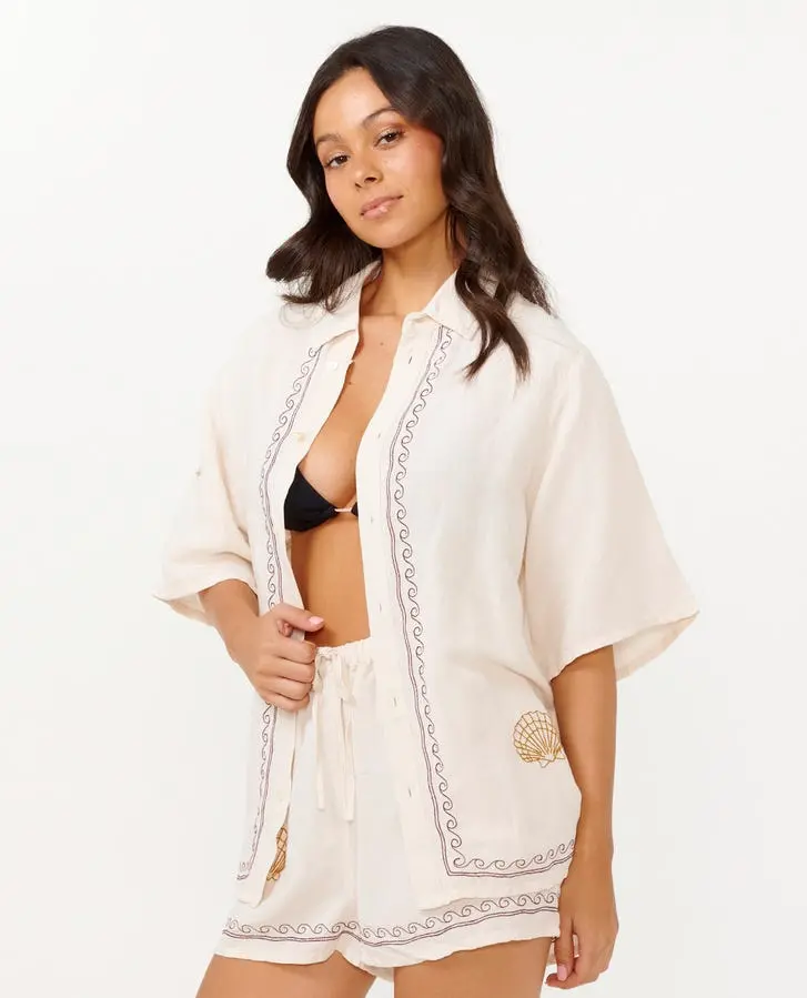 Rip Curl Beach Party Embroidered Shirt In Off-White 1