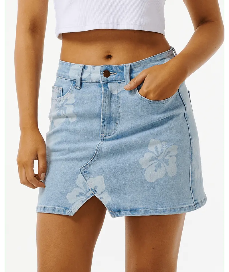 Rip Curl Hibiscus Heat Overdyed Denim Skirt – Light Blue Wash 1