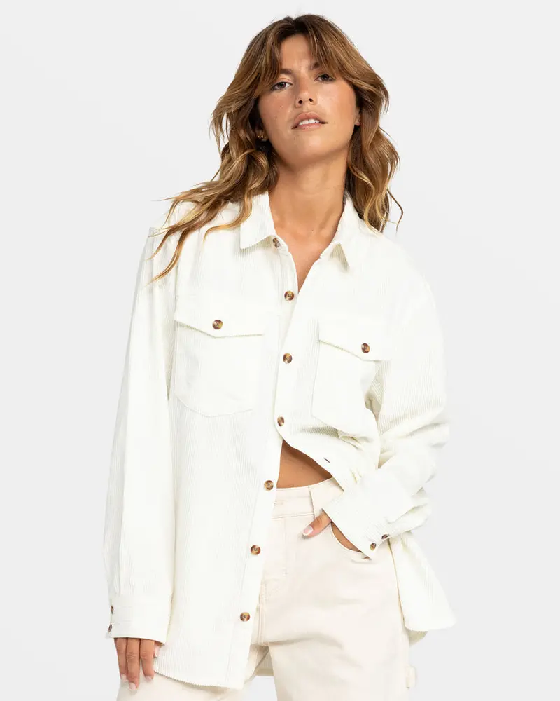 Roxy Let It Go Corduroy Long Sleeve Shirt In Egret 1