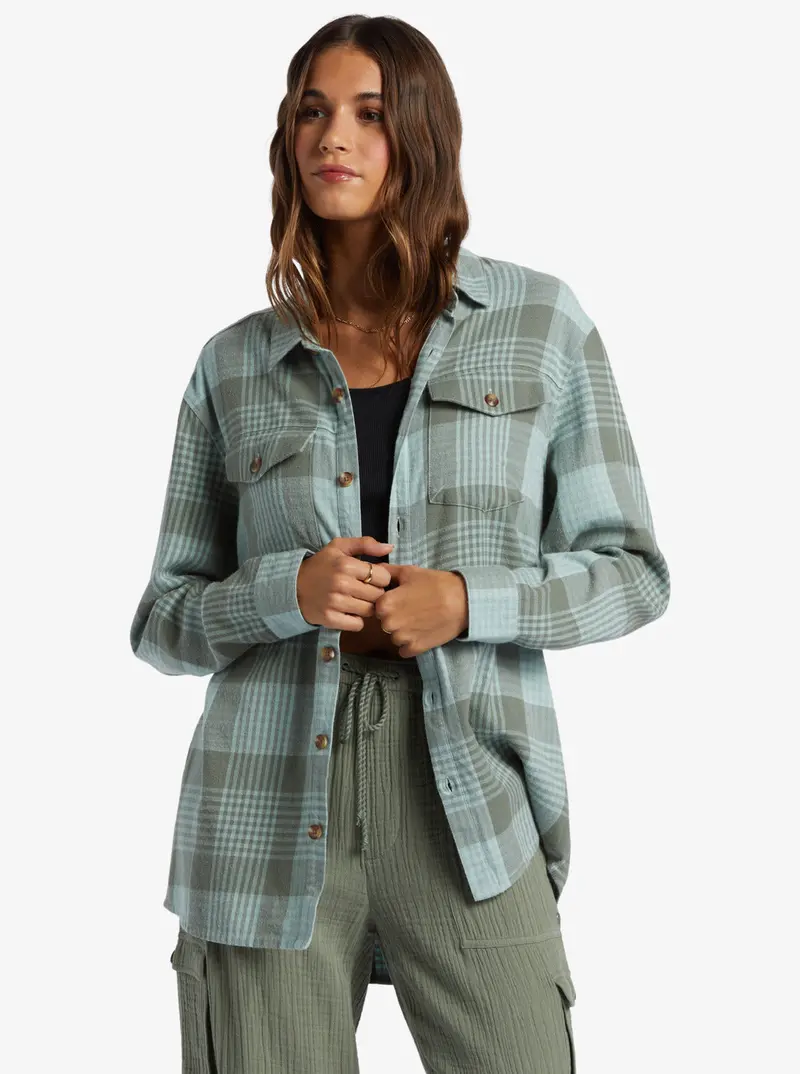 Roxy Let It Go Hallo-Plaid Flannel Shirt In Blue Surf 1