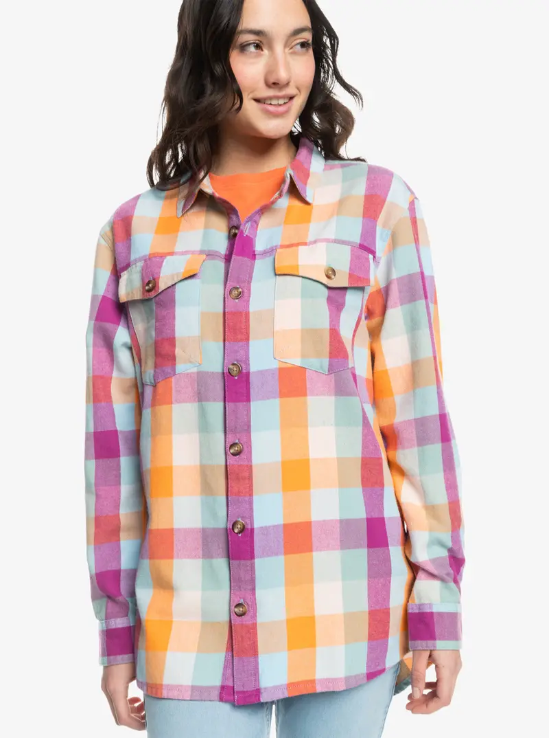 Roxy Let It Go Plaid Flannel Shirt In Blue Surf Pattern 1