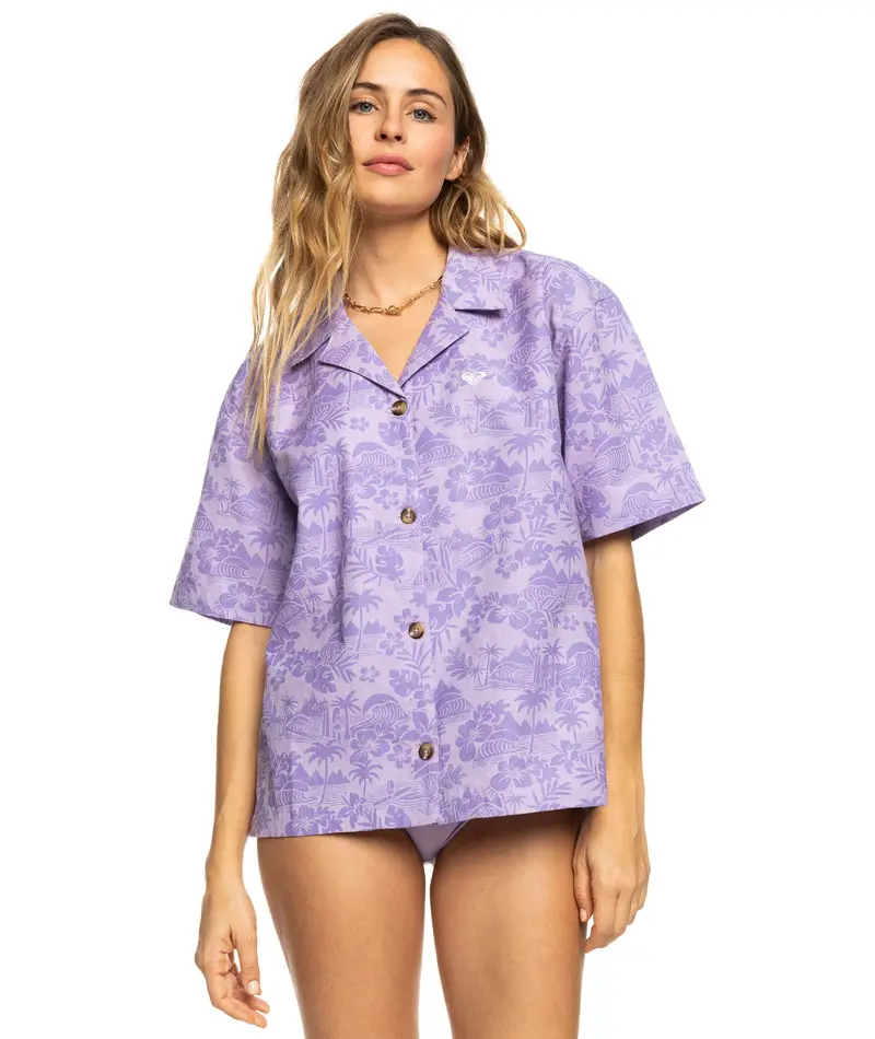 Roxy Surf.Kind.Kate. Printed Button-Up Shirt In Purple Rose Surf Friends Design 1