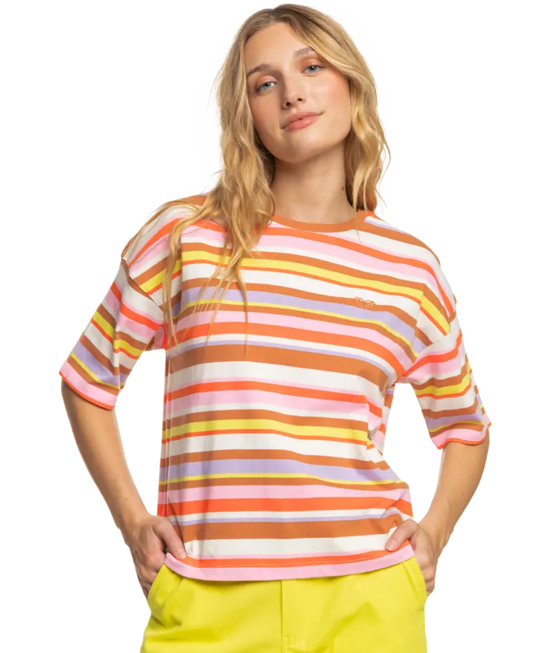 Roxy Surf.Kind.Kate. Striped Cotton Tee In Vermillon Sun Struck 1